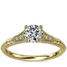 Bague de fiançailles diamant vintage gravée à la main avec motif mille-grains en or jaune 14 carats